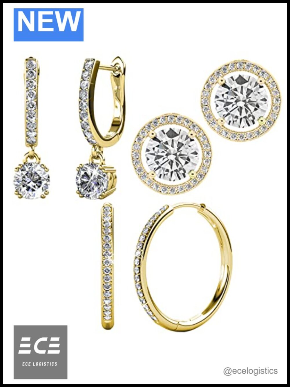 18k Yellow Gold Earrings with Crystals, 3 Pairs, Drop & Dangle, Value Bundle